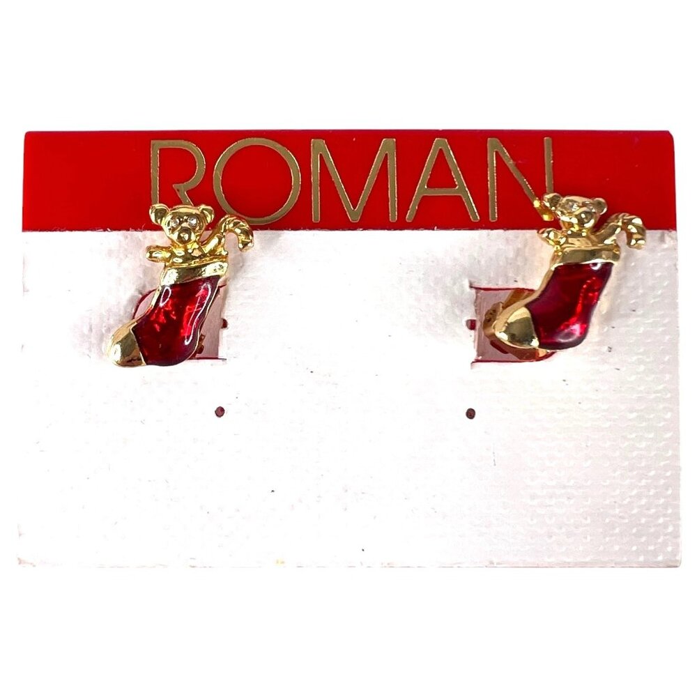 Roman Christmas Stocking With Teddy Bear Clip On Earring Gold Tone 3/4”x3/8” VTG